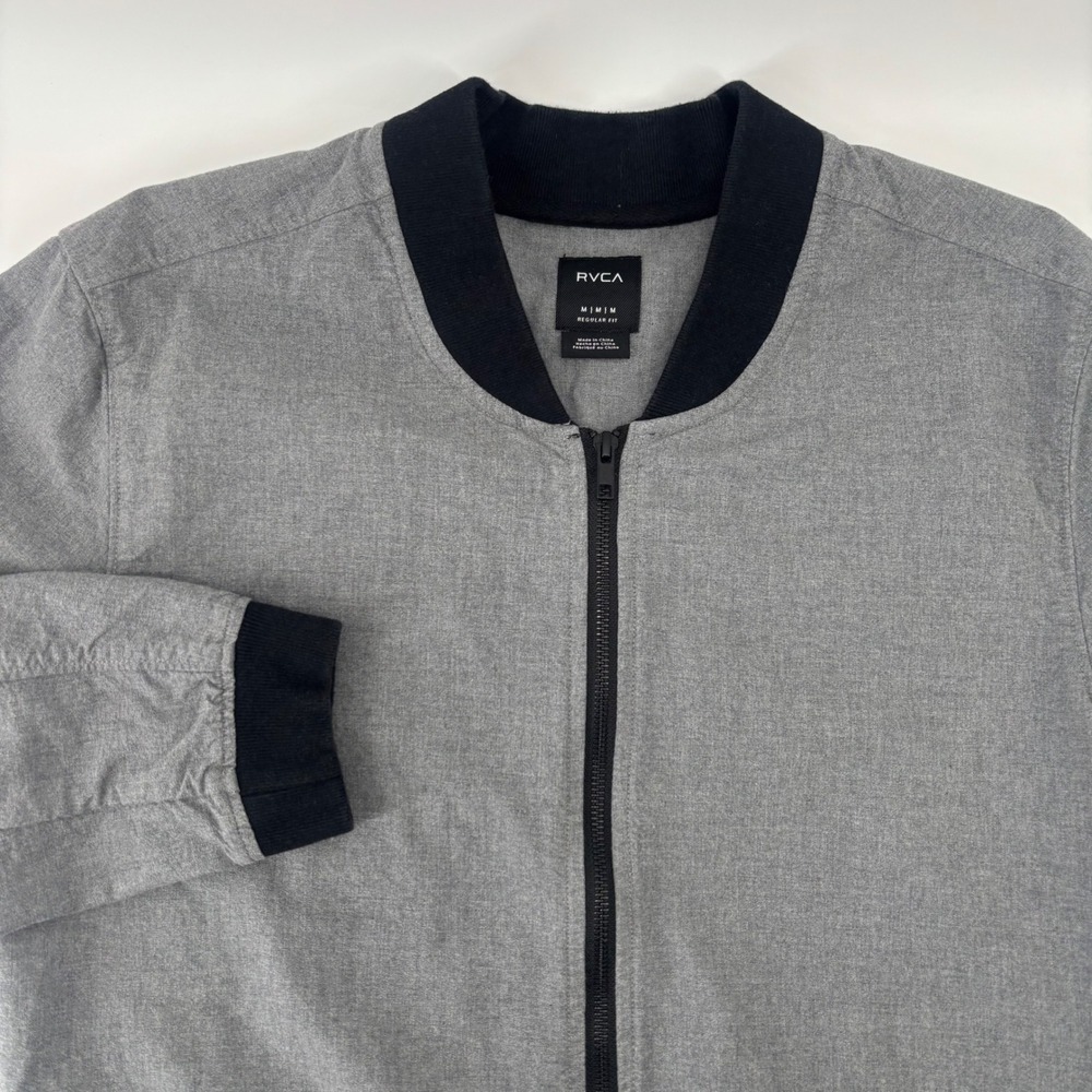 RVCA Bomber Jacket Mens Med Grey Cotton Full Zip Ribbed Trim ML506CON Streetwear